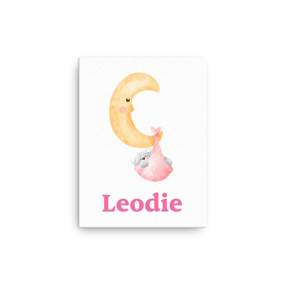 Leodie Pink Swaddel Moon Bear Thin Canvas Wall Print 12x16