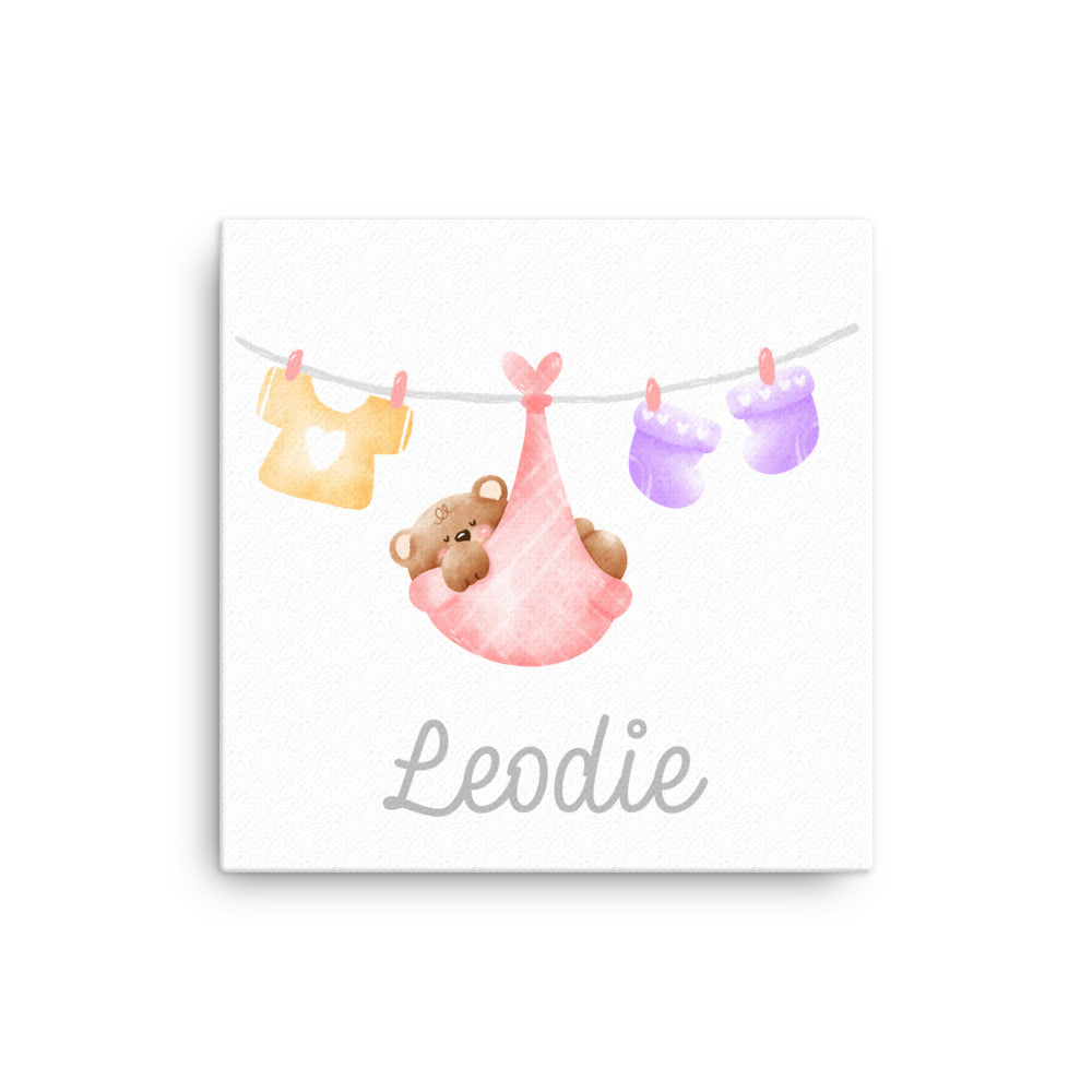 Pink Swaddle Bear on Clothesline Thin Canvas Print