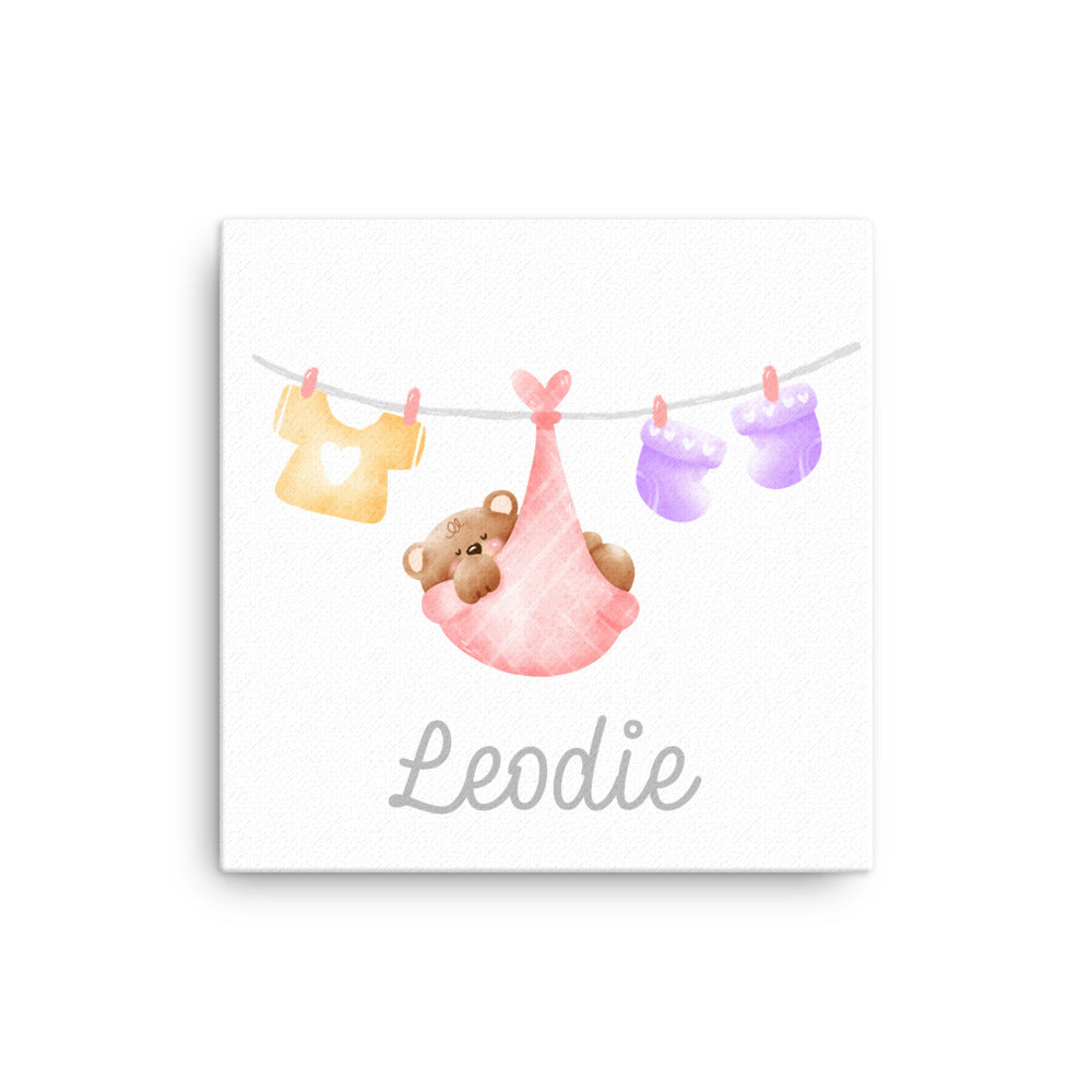 Pink Swaddle Bear on Clothesline Thin Canvas Print