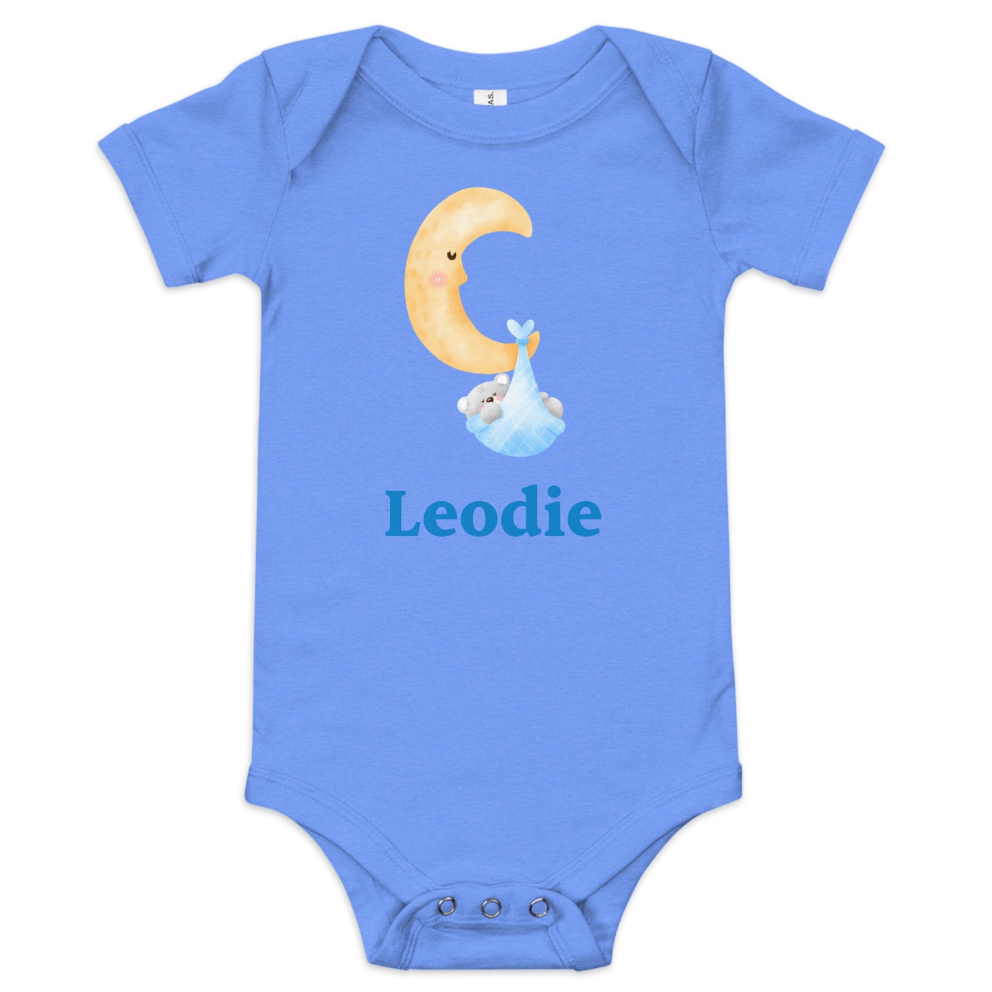 Blue Swaddle Moon Bear Baby Onesie