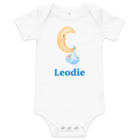 Blue Swaddle Moon Bear Baby Onesie