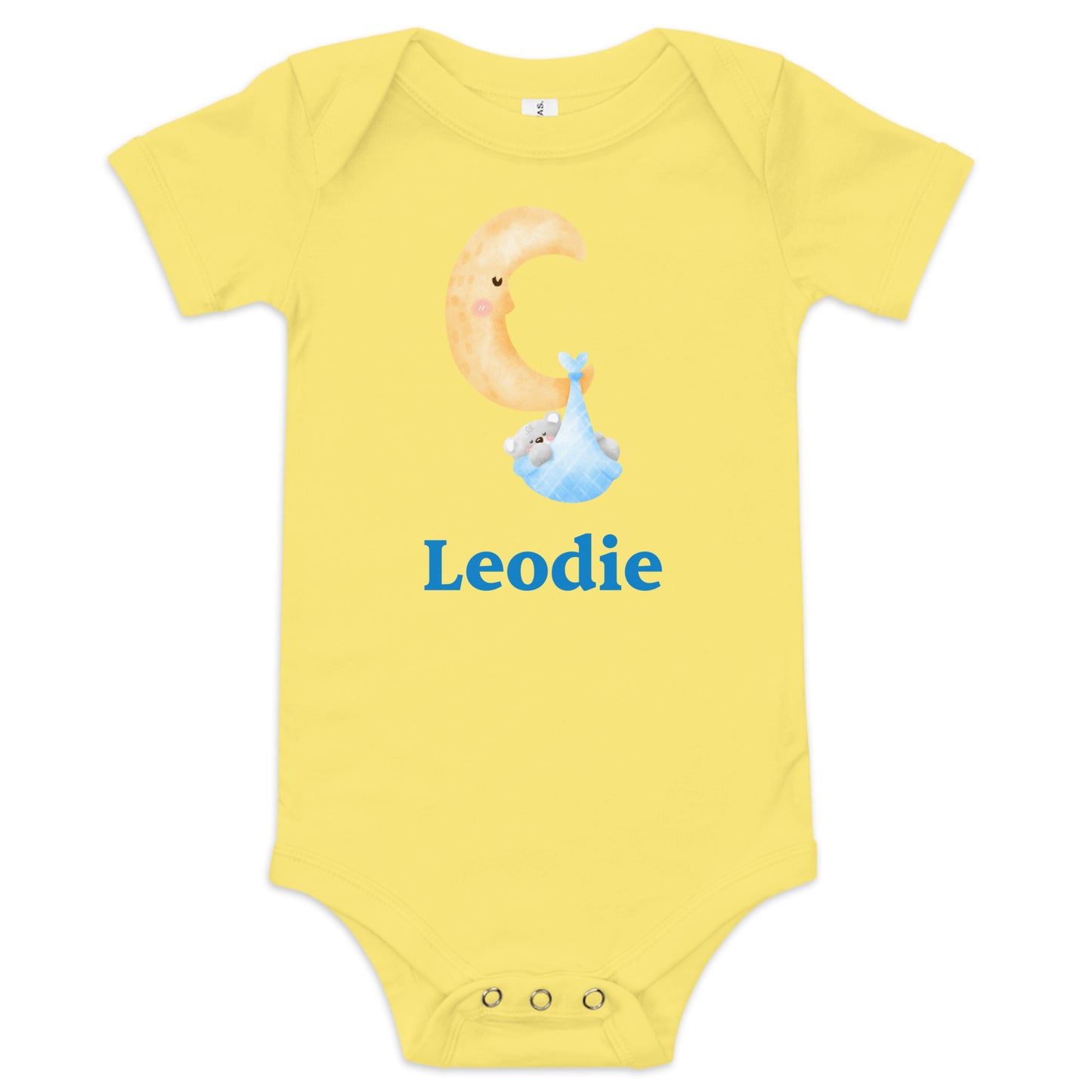 Blue Swaddle Moon Bear Baby Onesie