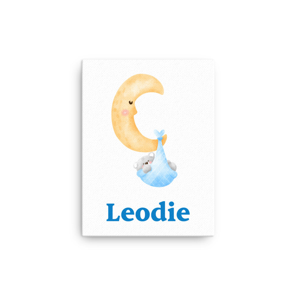 Leodie Blue Swaddle Moon Bear Thin Canvas Wall Print 12x16