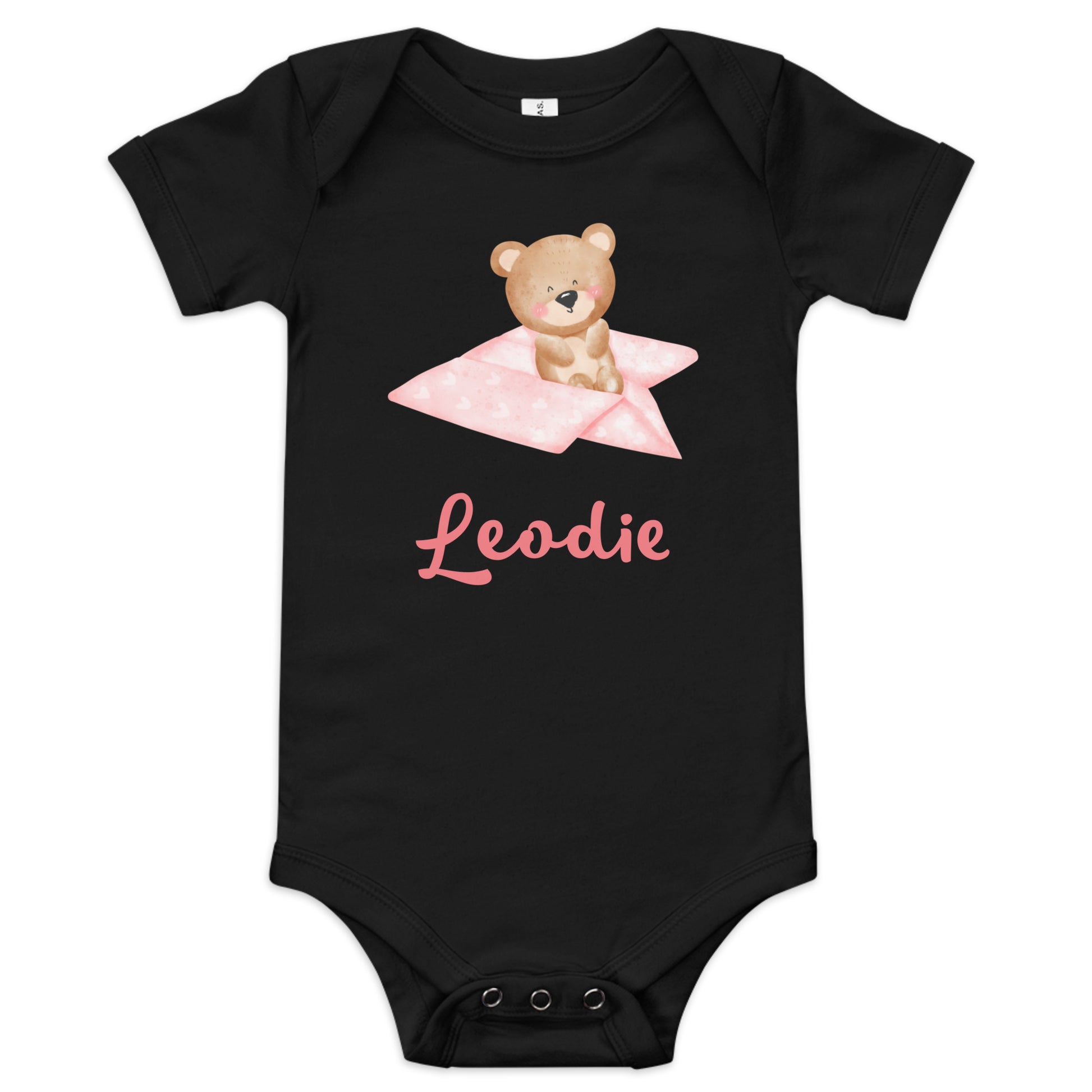 Leodie Pink Paper Airplane Bear Baby Onesie Black