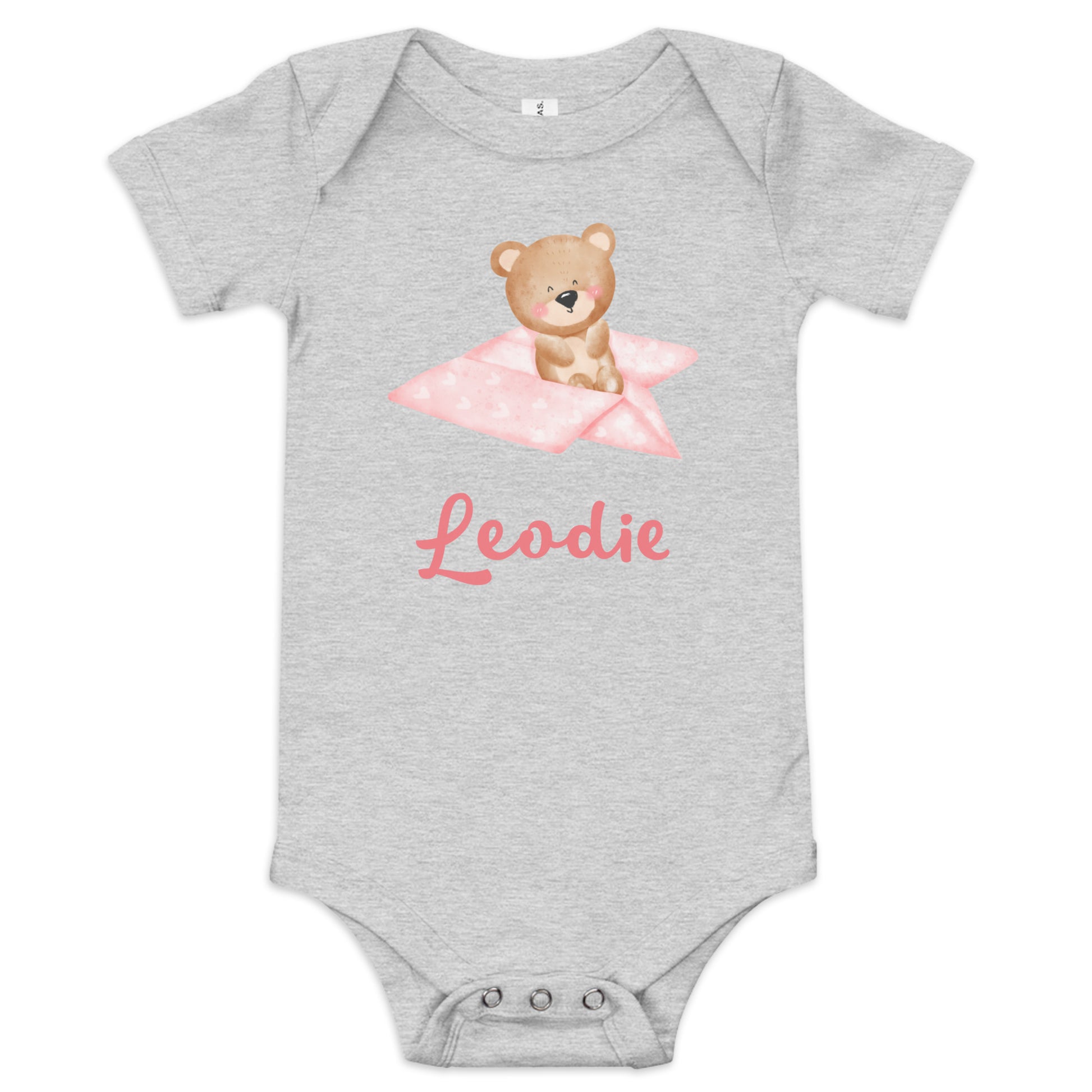 Leodie Pink Paper Airplane Bear Baby Onesie Grey