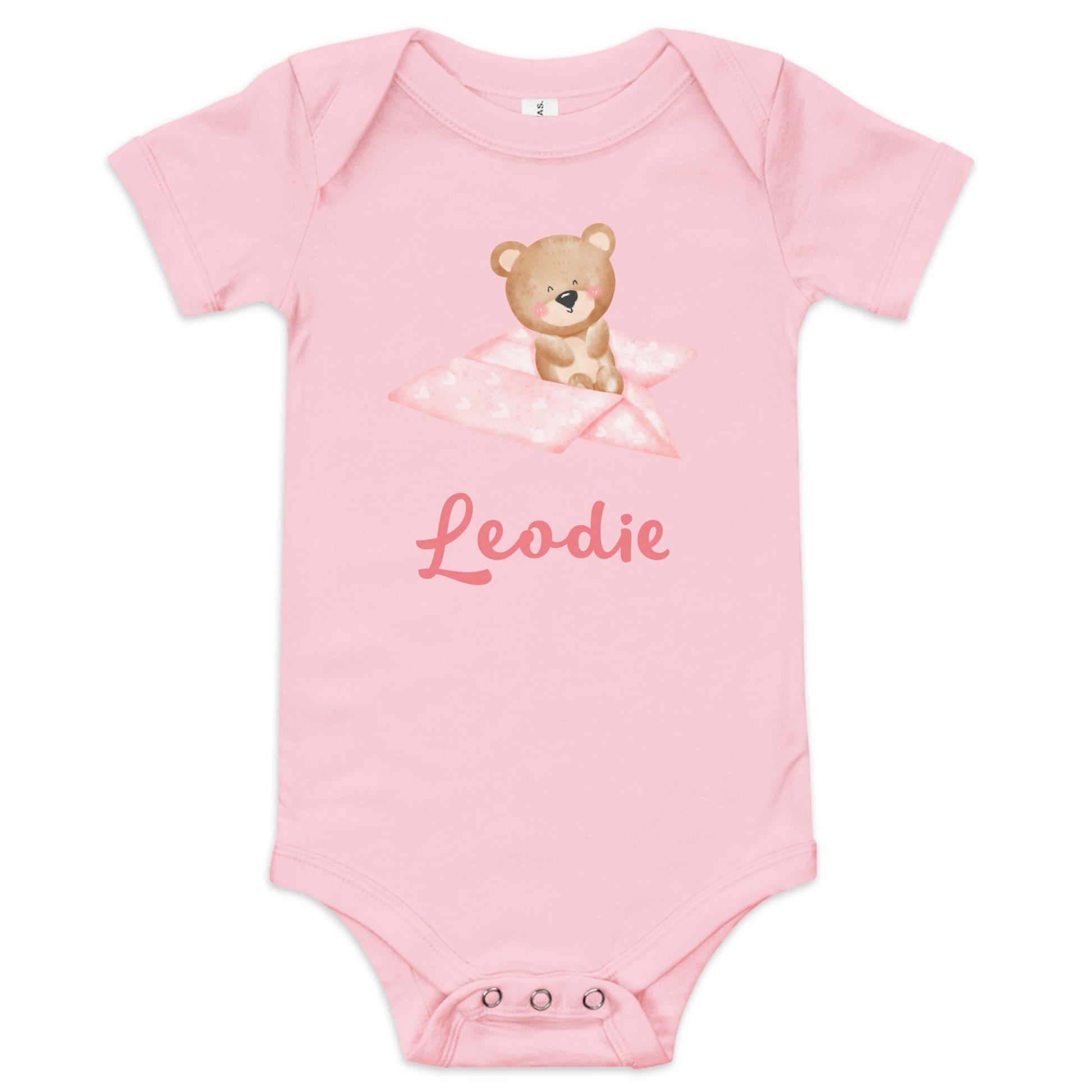Leodie Pink Paper Airplane Bear Baby Onesie Pink